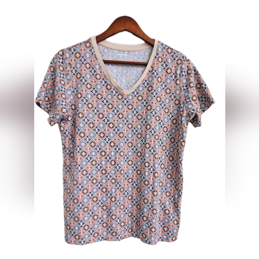 Lands End Aztec Southwestern Geometric V-Neck Short Sleeve Lightweight Top